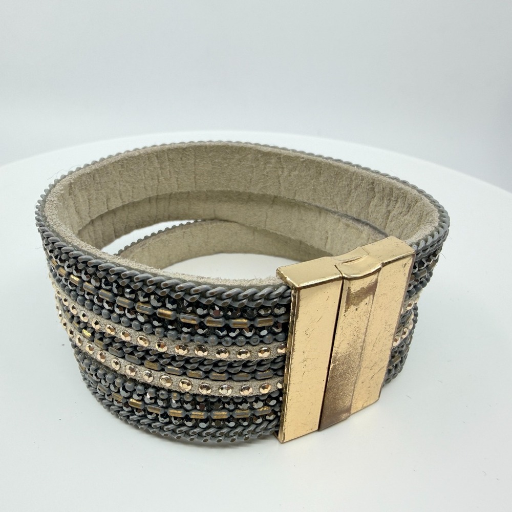 VTG Multi Strand Leather Cuff Bracelet Rhinestone Magnetic Clasp Gray Gold